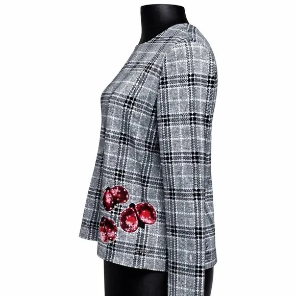 St. John Sport Plaid Sweater Large L Gray Knit Ladybug Detail Dog Show Top - Picture 4 of 6